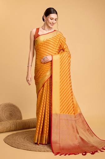 Mustard Woven Faux Kanchipuram Zari Silk saree With Blouse Piece