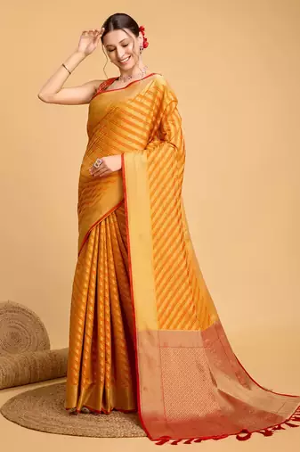 Mustard Woven Faux Kanchipuram Zari Silk saree With Blouse Piece