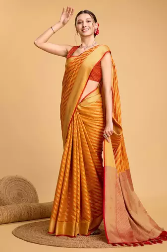 Mustard Woven Faux Kanchipuram Zari Silk saree With Blouse Piece