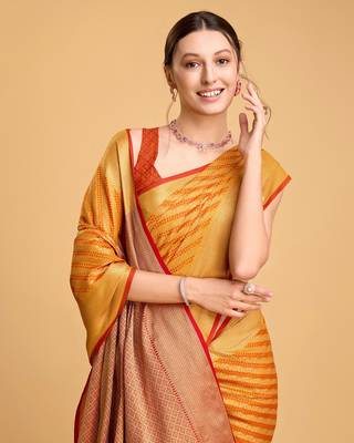 Mustard Woven Faux Kanchipuram Zari Silk saree With Blouse Piece 4