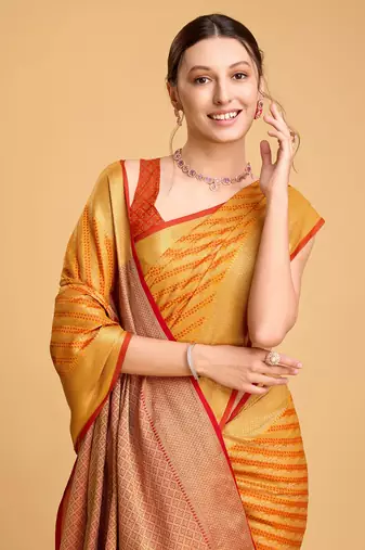 Mustard Woven Faux Kanchipuram Zari Silk saree With Blouse Piece
