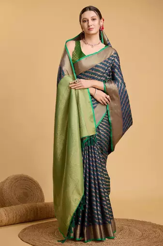 Navy Blue Woven Faux Kanchipuram Zari Silk saree With Blouse Piece