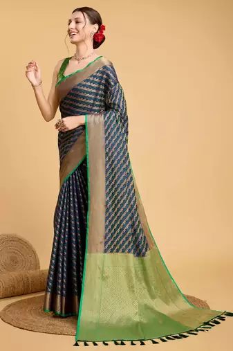 Navy Blue Woven Faux Kanchipuram Zari Silk saree With Blouse Piece
