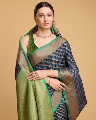 Navy Blue Woven Faux Kanchipuram Zari Silk saree With Blouse Piece 4