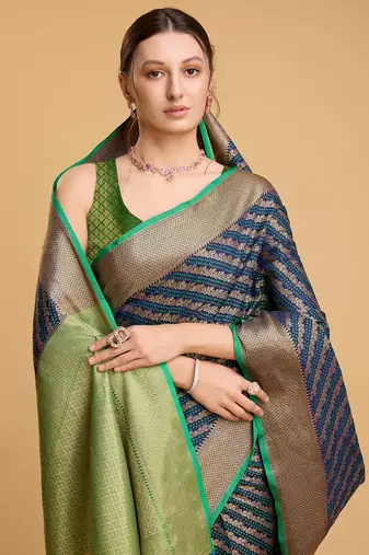 Navy Blue Woven Faux Kanchipuram Zari Silk saree With Blouse Piece