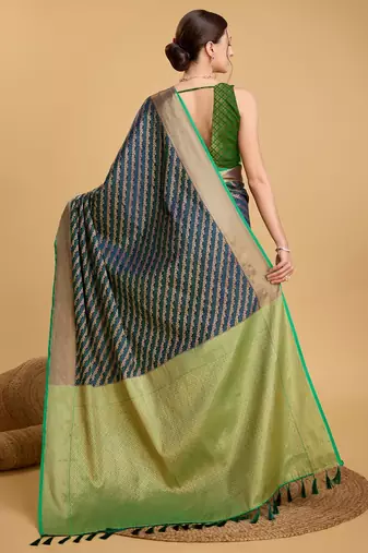 Navy Blue Woven Faux Kanchipuram Zari Silk saree With Blouse Piece