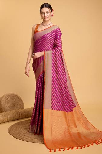 Hot Pink Woven Faux Kanchipuram Zari Silk saree With Blouse Piece