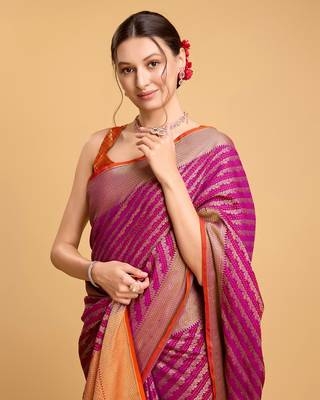 Hot Pink Woven Faux Kanchipuram Zari Silk saree With Blouse Piece 4