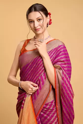 Hot Pink Woven Faux Kanchipuram Zari Silk saree With Blouse Piece