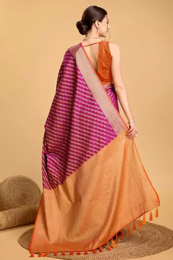 Hot Pink Woven Faux Kanchipuram Zari Silk saree With Blouse Piece