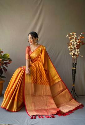Mustard Woven Faux Kanchipuram Zari Silk saree With Blouse Piece 1