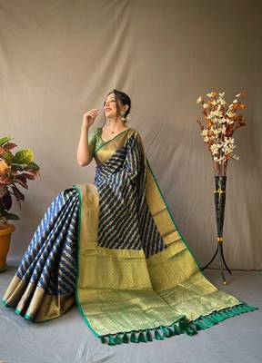 Navy Blue Woven Faux Kanchipuram Zari Silk saree With Blouse Piece 1
