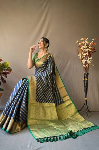 Navy Blue Woven Faux Kanchipuram Zari Silk saree With Blouse Piece