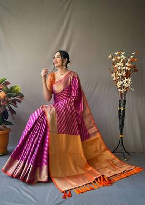 Hot Pink Woven Faux Kanchipuram Zari Silk saree With Blouse Piece 1