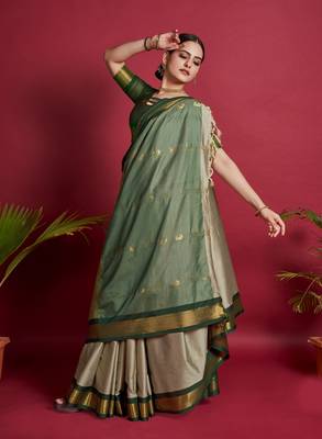 Beige Woven Faux Kanchipuram Zari Silk Sarees With Blouse Piece 1