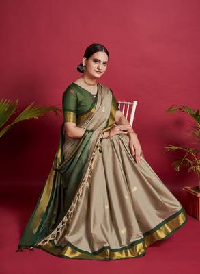 Beige Woven Faux Kanchipuram Zari Silk Sarees With Blouse Piece 2