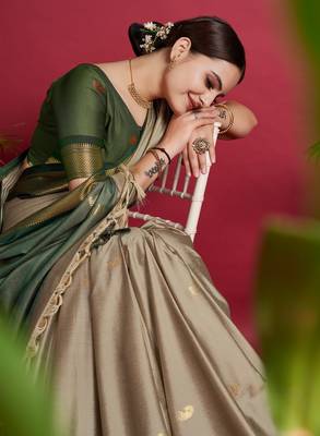 Beige Woven Faux Kanchipuram Zari Silk Sarees With Blouse Piece 3