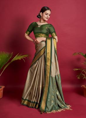 Beige Woven Faux Kanchipuram Zari Silk Sarees With Blouse Piece 4