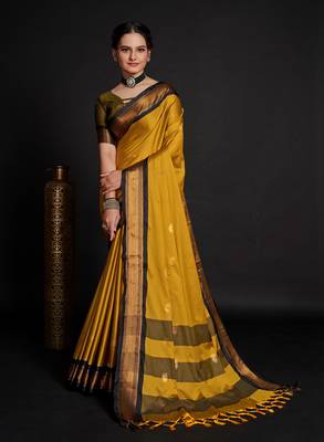 Mustard Woven Faux Kanchipuram Zari Silk Sarees With Blouse Piece 1