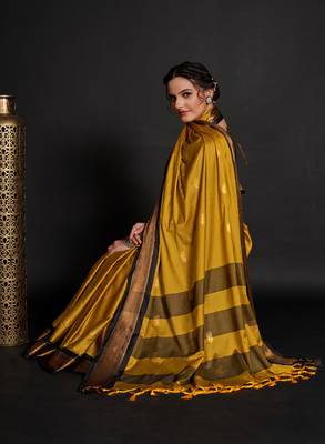Mustard Woven Faux Kanchipuram Zari Silk Sarees With Blouse Piece 2