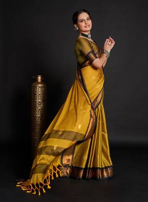 Mustard Woven Faux Kanchipuram Zari Silk Sarees With Blouse Piece 3