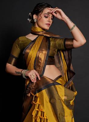 Mustard Woven Faux Kanchipuram Zari Silk Sarees With Blouse Piece 4