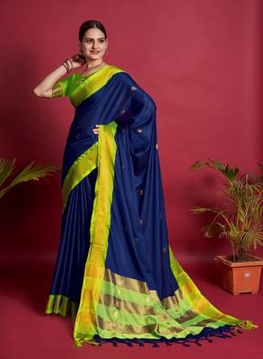 Navy Blue Woven Faux Kanchipuram Zari Silk Sarees With Blouse Piece 1