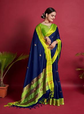 Navy Blue Woven Faux Kanchipuram Zari Silk Sarees With Blouse Piece 2
