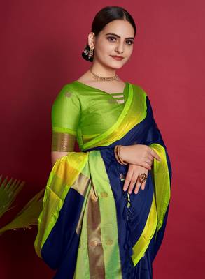 Navy Blue Woven Faux Kanchipuram Zari Silk Sarees With Blouse Piece 3