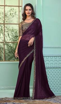 Women'S Wine Chiffon Embellished Saree With Embroidered Border Comes With Heavy Work Blouse Piece 1