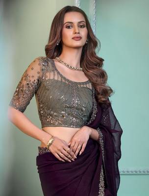 Women'S Wine Chiffon Embellished Saree With Embroidered Border Comes With Heavy Work Blouse Piece 4