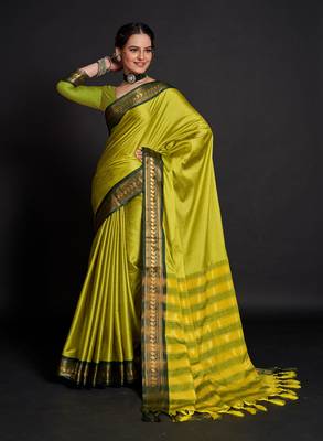 Lemon Woven Faux Kanchipuram Zari Silk Sarees With Blouse Piece 1