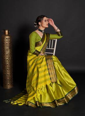 Lemon Woven Faux Kanchipuram Zari Silk Sarees With Blouse Piece 2