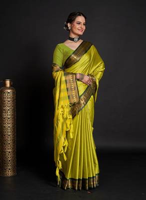 Lemon Woven Faux Kanchipuram Zari Silk Sarees With Blouse Piece 3