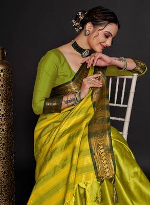 Lemon Woven Faux Kanchipuram Zari Silk Sarees With Blouse Piece 4