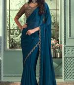 Women's navy blue georgette embellished saree with embroidered border comes with heavy work blouse piece
