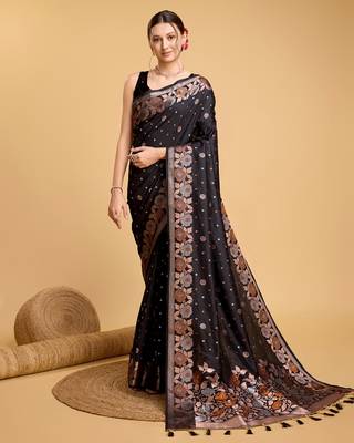 Black Woven Faux Banarasi Zari Silk saree With Blouse Piece 1