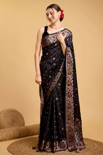 Black Woven Faux Banarasi Zari Silk saree With Blouse Piece