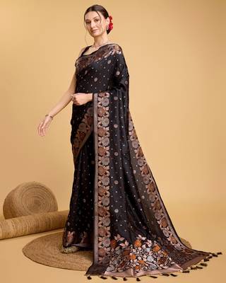Black Woven Faux Banarasi Zari Silk saree With Blouse Piece 3