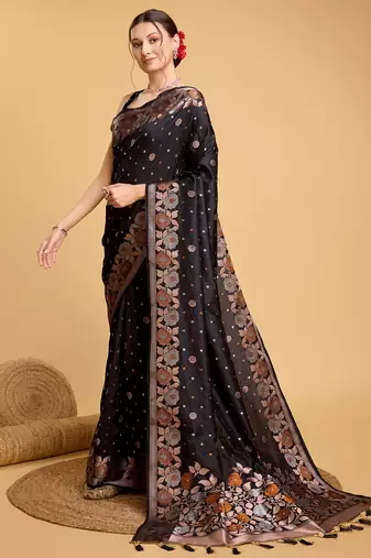Black Woven Faux Banarasi Zari Silk saree With Blouse Piece