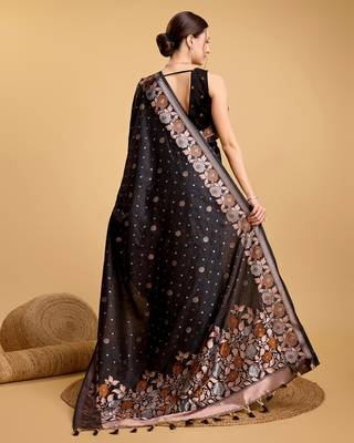 Black Woven Faux Banarasi Zari Silk saree With Blouse Piece 5