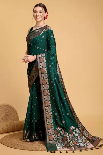 Green Woven Faux Banarasi Zari Silk saree With Blouse Piece