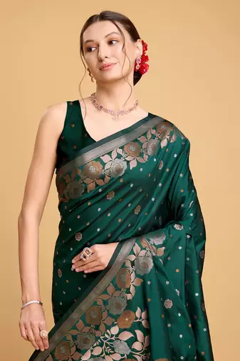Green Woven Faux Banarasi Zari Silk saree With Blouse Piece