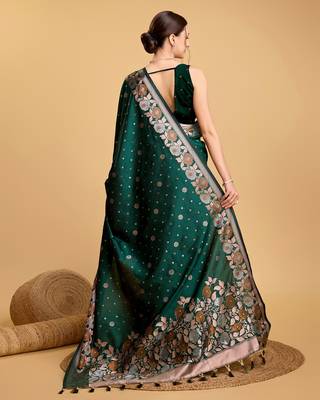 Green Woven Faux Banarasi Zari Silk saree With Blouse Piece 5