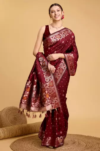 Maroon Woven Faux Banarasi Zari Silk saree With Blouse Piece