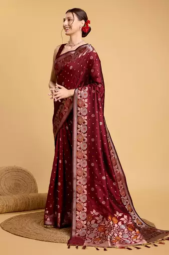 Maroon Woven Faux Banarasi Zari Silk saree With Blouse Piece