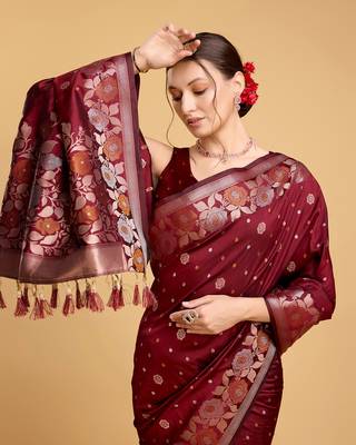 Maroon Woven Faux Banarasi Zari Silk saree With Blouse Piece 4