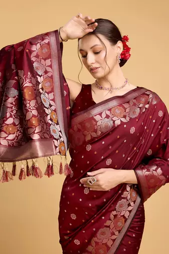 Maroon Woven Faux Banarasi Zari Silk saree With Blouse Piece