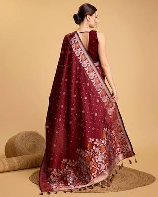 Maroon Woven Faux Banarasi Zari Silk saree With Blouse Piece 5