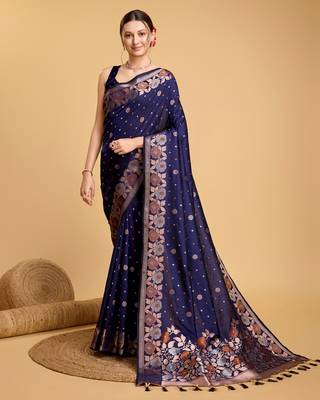 Navy Blue Woven Faux Banarasi Zari Silk saree With Blouse Piece 1